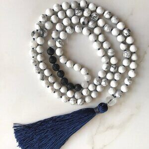 WHITE HOWLITE & BLACK LAVA MALA WITH A NAVY TASSEL & OM MANI PADME HUM GURU BEAD